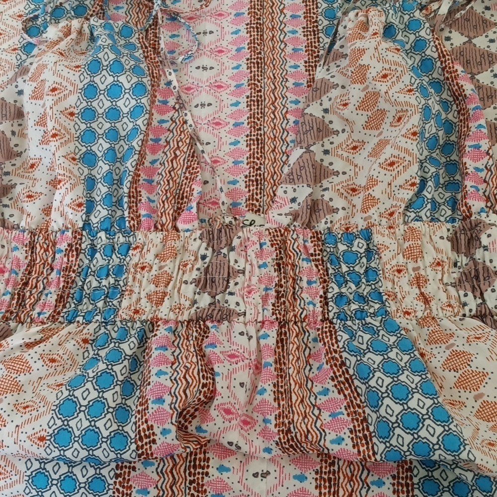 Lulu's Maxin' Smocked Blue Patchwork Print Babydoll Tie-Strap Maxi Dress Sz S - Picture 6 of 9